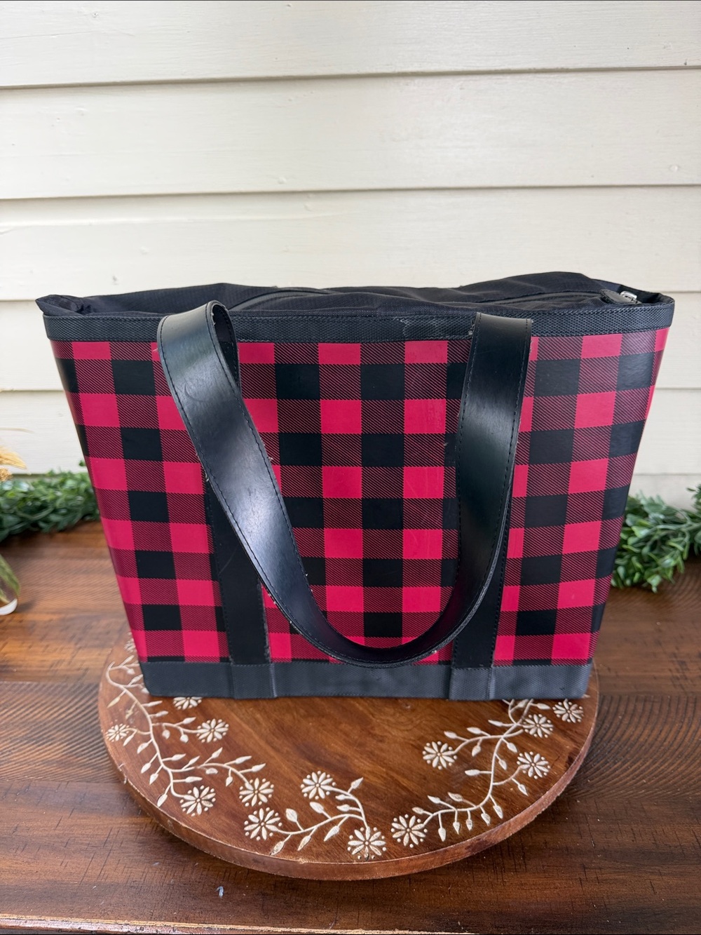 L.L. Bean Vulcanized Rubber Red and Black Plaid Tote - Picture 2 of 5